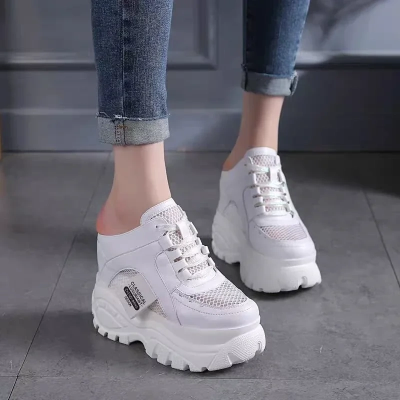 Summer New Korean Style Slim Height Increasing Platform Round Toe Cut Out Hollow Mesh Genuine Leather Women Modern Slippers 2404