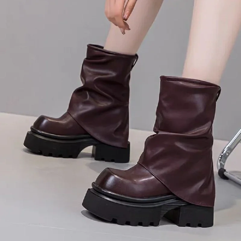 Spring Autumn New British Style Retro Height Internal Platform Square Toe Pleated Genuine Leather Women Mid-Calf Foldover Boots
