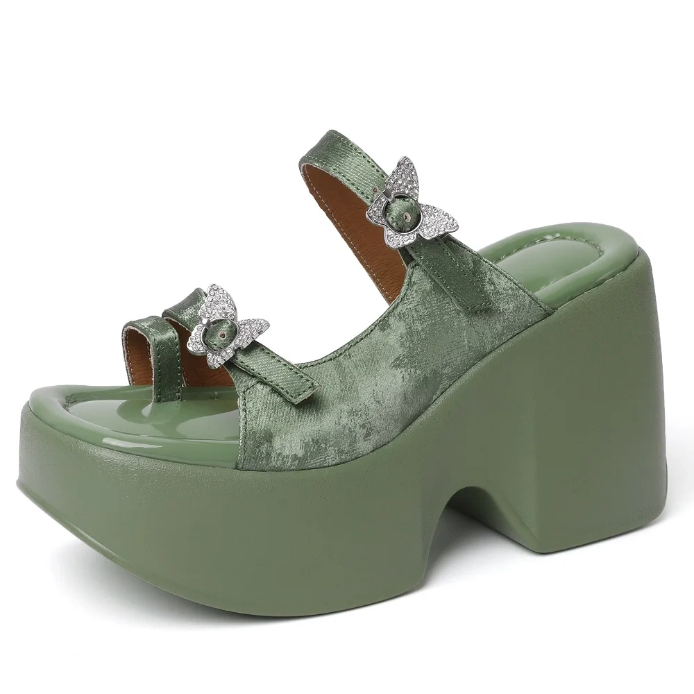 Summer New France Style Outside Slim 10 CM High Heels Platform Peep Toe ButterFly Decoration Genuine Leather Women Rome Slippers