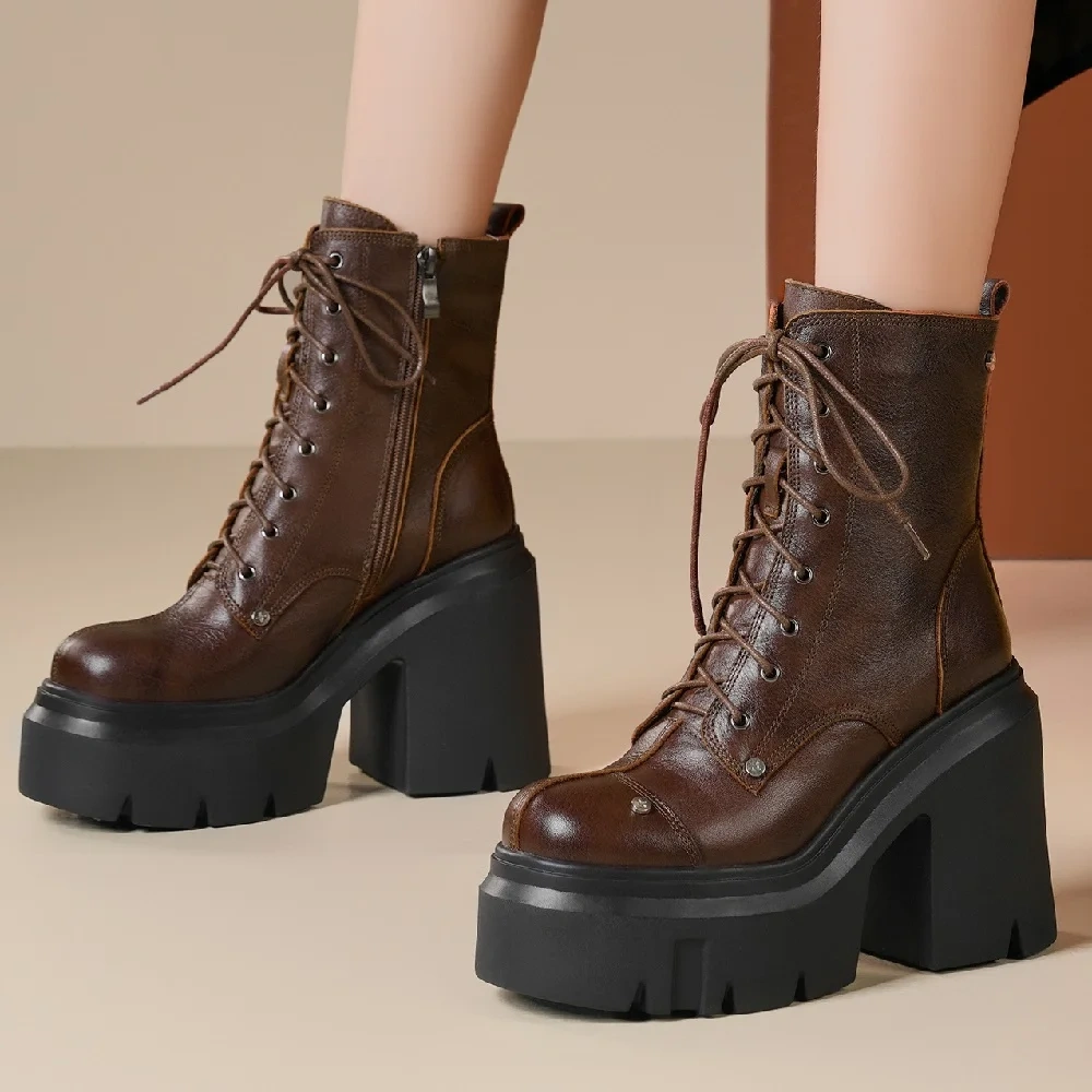 Spring Autumn Winter New Retro 12CM Super High Heels Platform Cross-tied Rivet Genuine Leather Women Mid-Calf Equestrian Boots