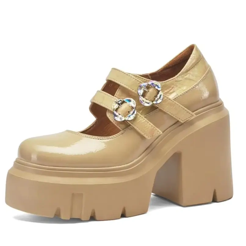 Women 12 CM Chunky Heel Shallow Mouth Spring Summer Real Leather Mary Jane Shoes Rhinestone Buckle Apricot Comfort Pumps 50220