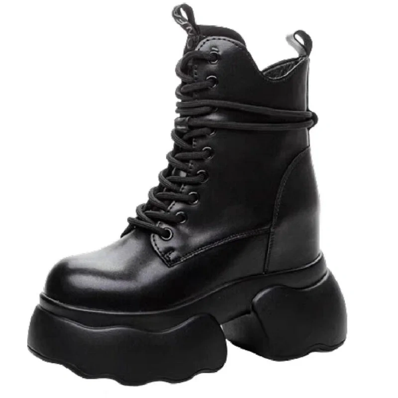 Spring Autumn New British Style Retro Height Increasing Platform Cross-tied Genuine Leather Women Mid-Calf Equestrian Boots 2409