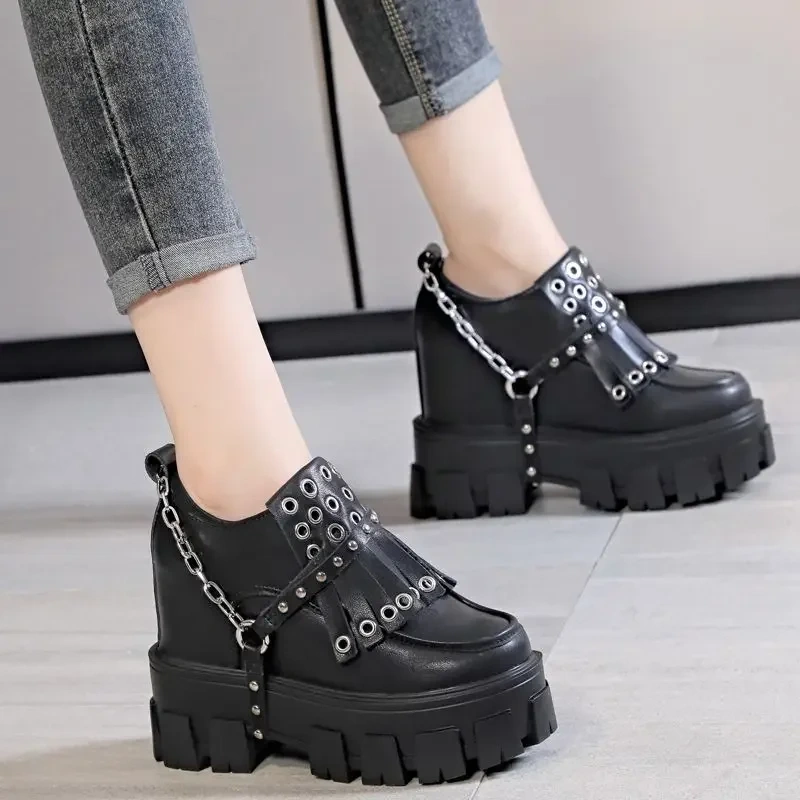 Spring Autumn New Punk Style Height Increasing Platform Metal Chain Fringe Genuine Leather Women Casual Shoes Sneakers 2410