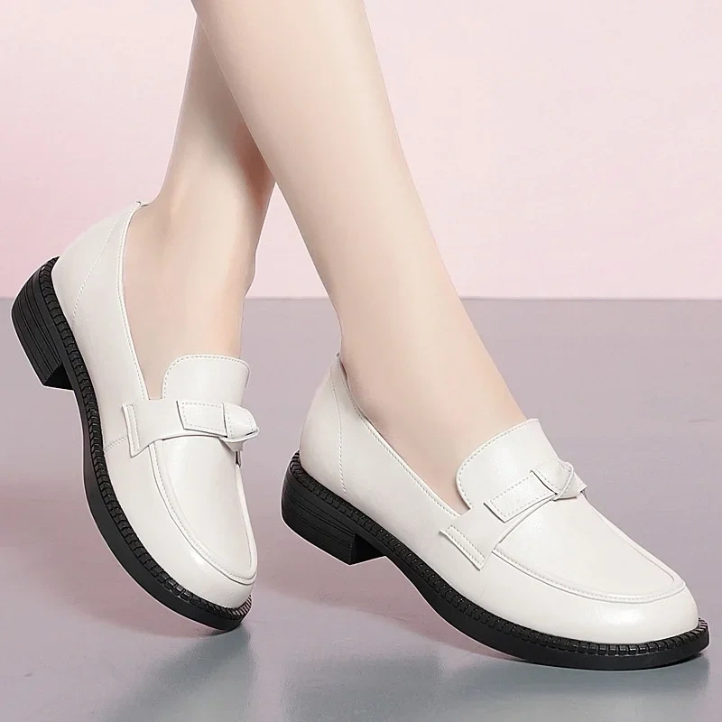 Women Loafers Spring Autumn British Style Retro Thick Heels Shallow Bowknot Sewing Plus Size 42 43 Genuine Leather Ladies Pumps