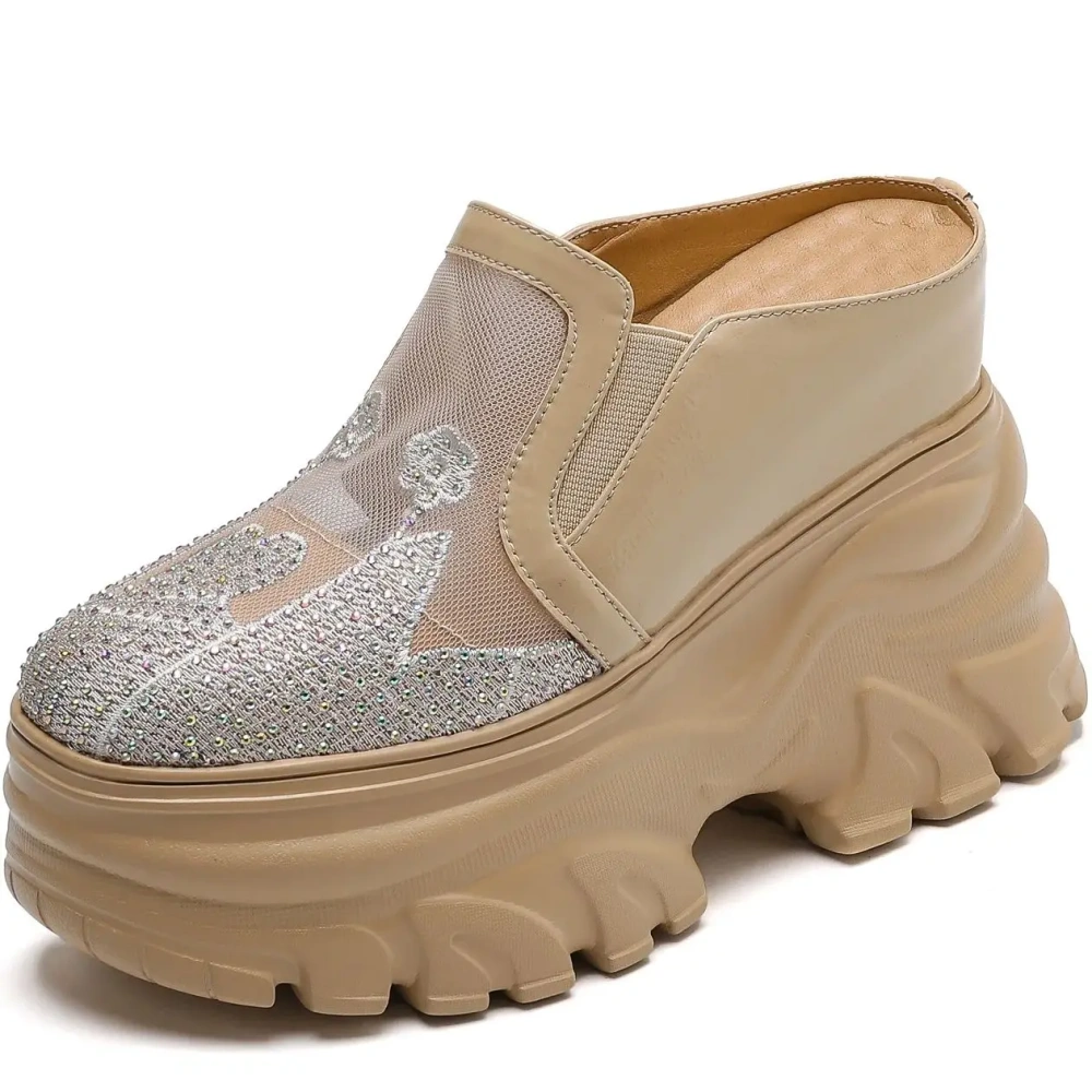 Women 12 CM Wedge Platform Spring Summer Real Leather loafers Semi Slippers Crystal Mesh Hollow Out Breathable Sandals 50221