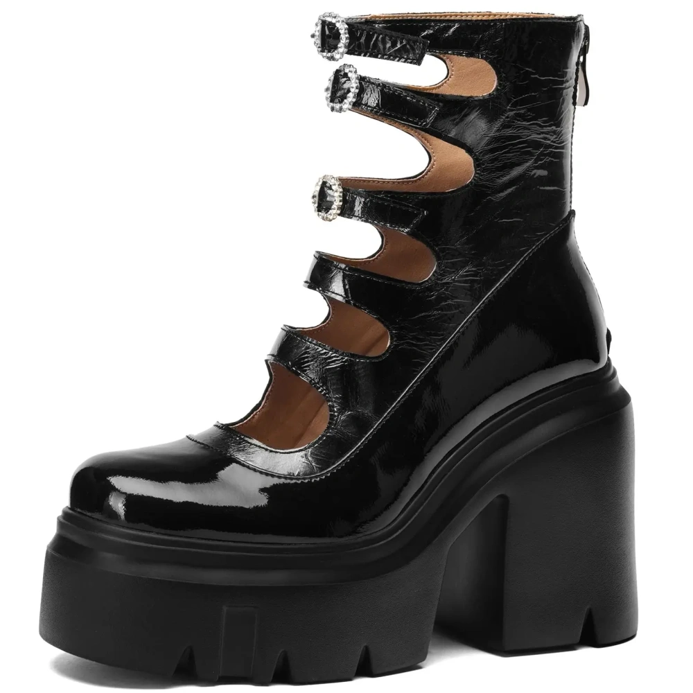 Women 12 CM Heel New Crystal Belt Buckle Spring Autumn Boots Real Leather Hollow Out Rome Splicing Stitching Design Pumps 50220