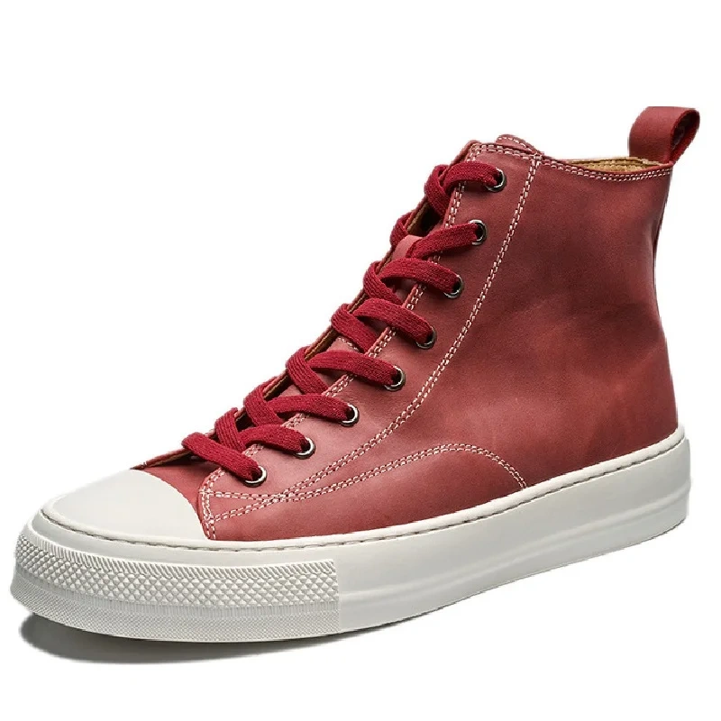 Spring Autumn New Korean Style Leisure Chunky Sole Cross-tied Full Grain Leather Men High Top Casual Shoea Male Sneakers 2411