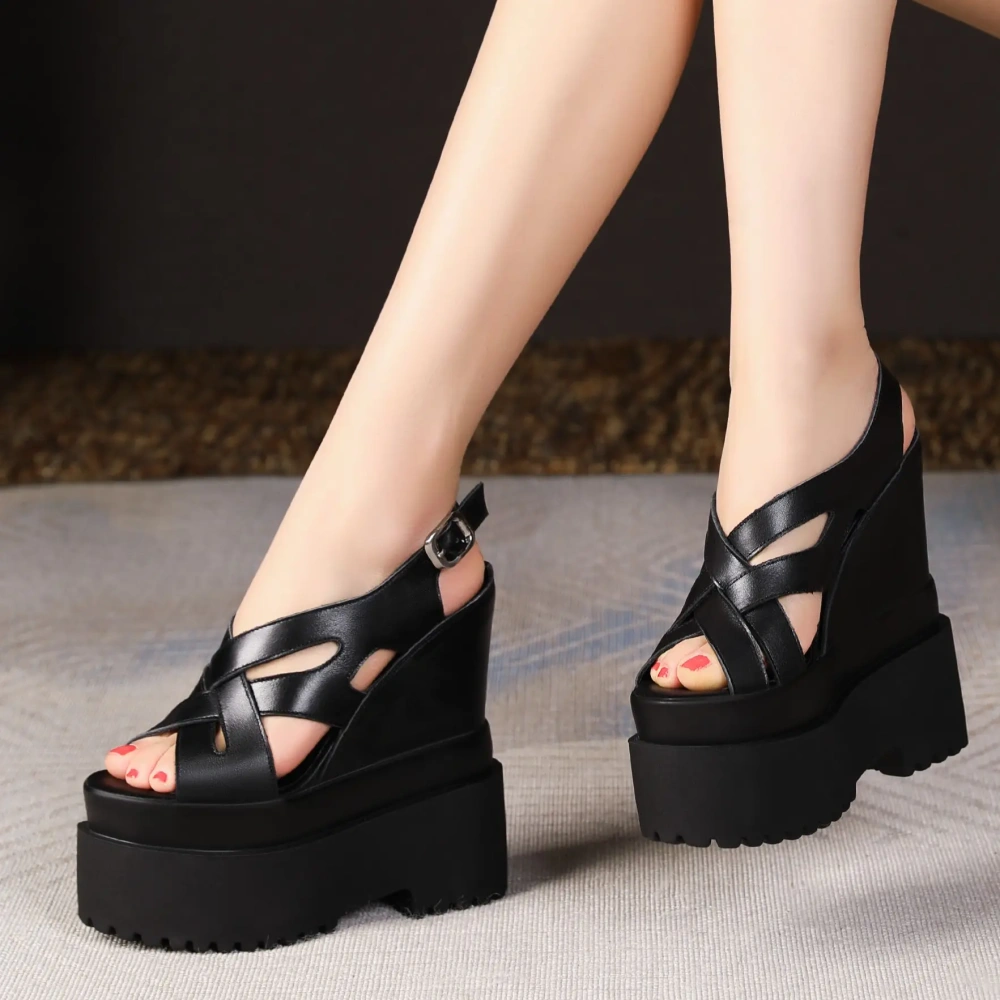Summer New Retro Super High Wedges Heels Platform Peep Toe Cross-tied Buckle Strap Genuine Leather Women Gladiator Sandals 2305