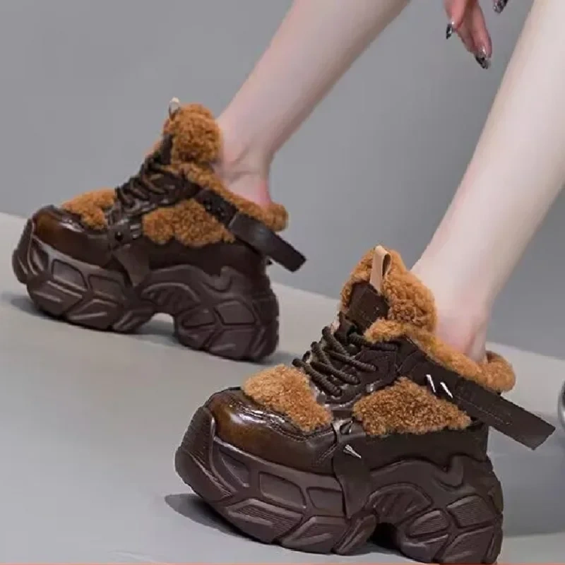 Winter New Slim 12CM Super High Heels Platform Plush Inside Rivet Lace-Up Genuine Leather Women Casual Shoes Ladies Sneakers