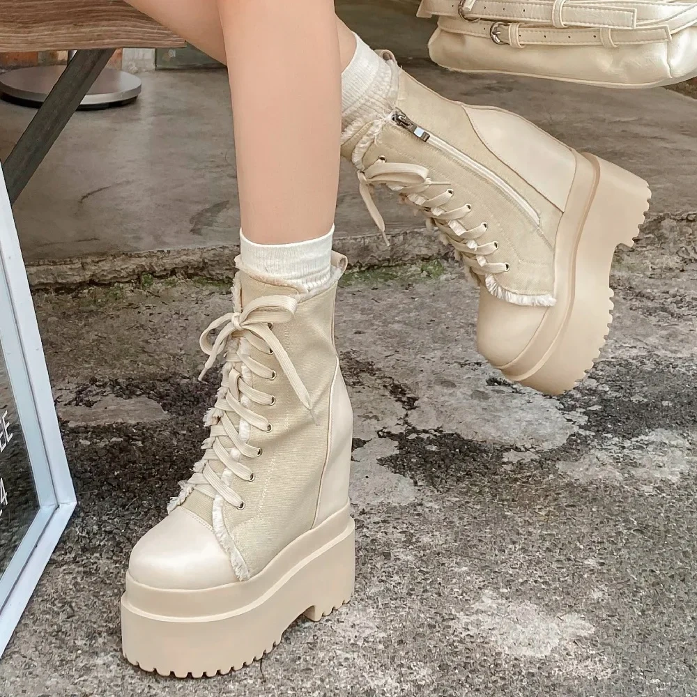 Spring Autumn Winter New Slim 14 CM High Heels Height Increasing Platform Wedges Cross-tied Denim Women Mid-Calf Modern Boots