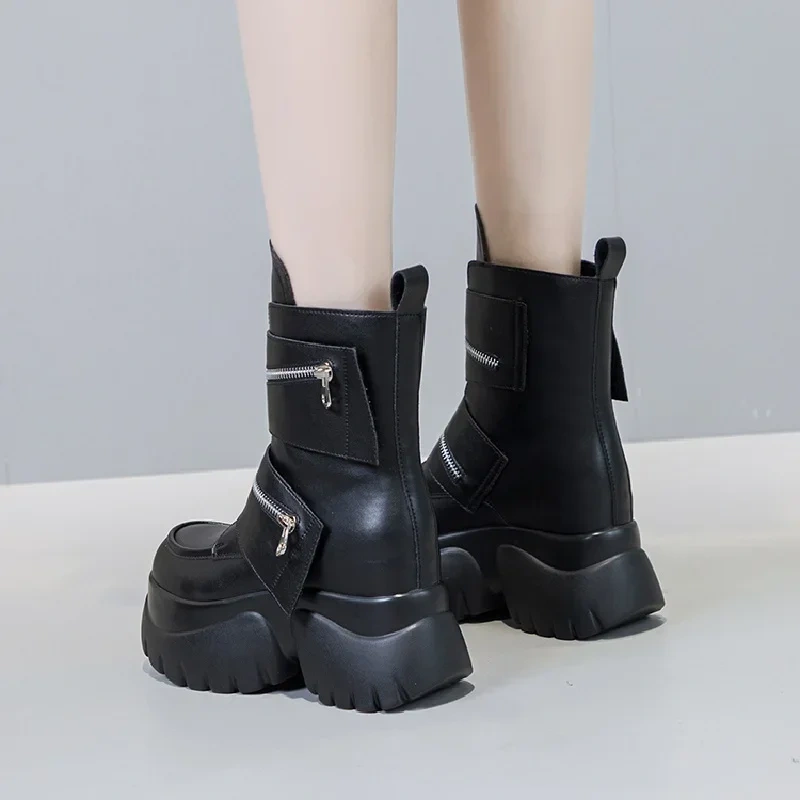 Spring Autumn Winter New Korean Style Slim Height Increasing Platform Pockets Genuine Leather Women Mid-Calf Modern Boots 2411