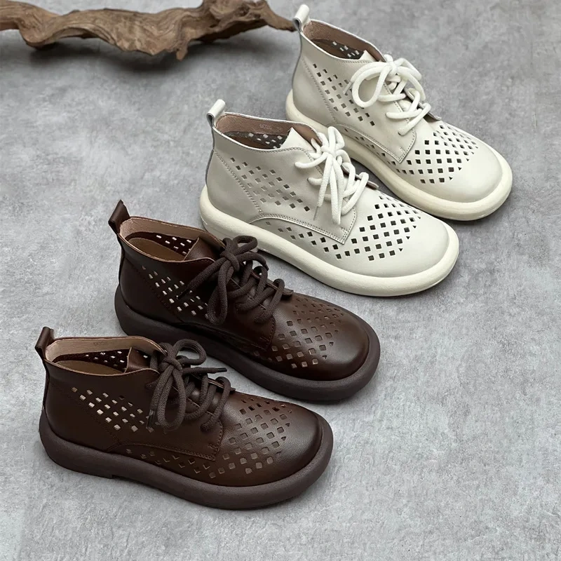 Summer New Arrival Fashion Chunky Bottom Hollow Cut Out Sewing Cross-tied Genuine Leather Women Ankle Short Modern Boots 2304