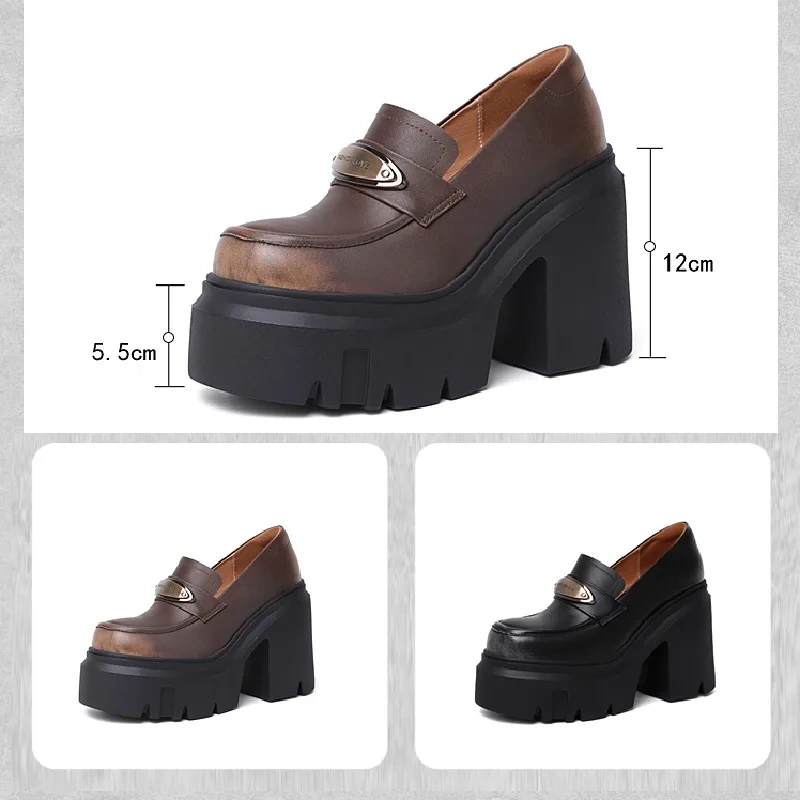 Women Loafers Spring Autumn New Slim 10CM Super High Heels Platform Metal Decoration Genuine Leather Slip-On Women Modern Pumps