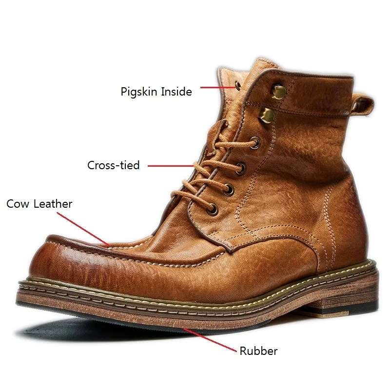 Spring Autumn New British Style Retro Thick Heels Round Toe Sewing Lace-Up Genuine Leather Men High Top Motorcycle Boots 2411