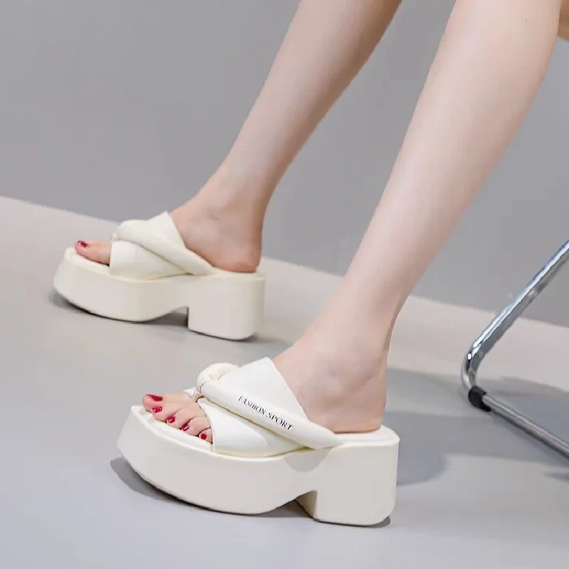 Summer New Korean Style Outside Slim 8 CM High Heels Platform Peep Toe Wedges Narrow Band Genuine Leather Women Modern Slippers