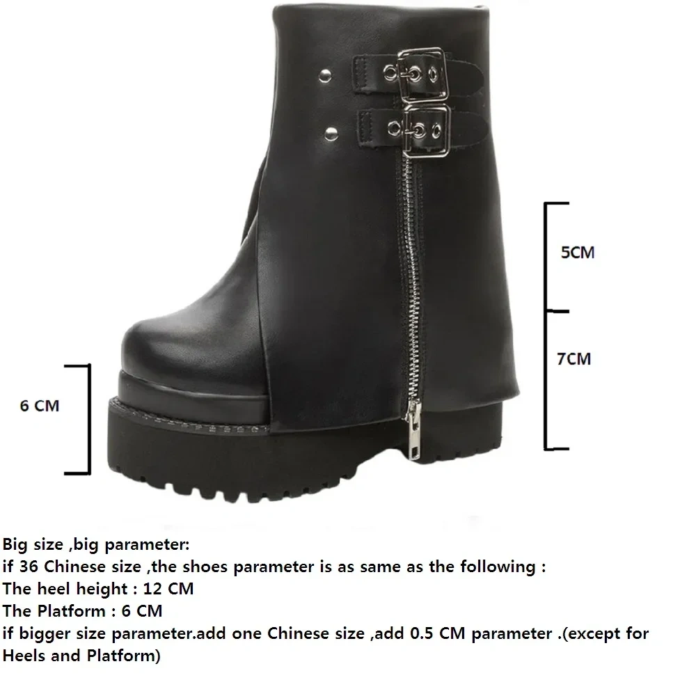 Winter New Punk Style Height Increasing Platform Rivet Buckle Belt Plush Inside Genuine Leather Women Ankle Short Foldover Boots