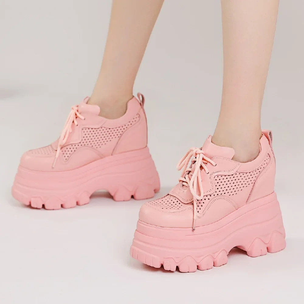 Spring Autumn New Slim 12 CM High Heels Wedges Platform Hollow Cross-tied Genuine Leather Women Casual Sneakers Shoes 2403