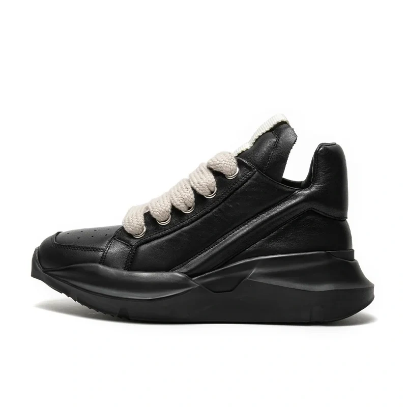 Spring Autumn New Leisure Chunky Bottom Sewing Cross-tied Genuine Leather Men High Top Sneakers Male Casual Board Shoes 2312