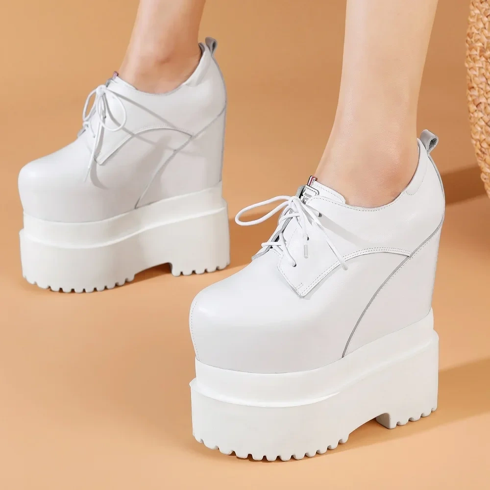 Spring Autumn New Slim 18 CM High Heels Height Increasing Platform White Lace-Up Genuine Leather Women Modern Pumps 2505