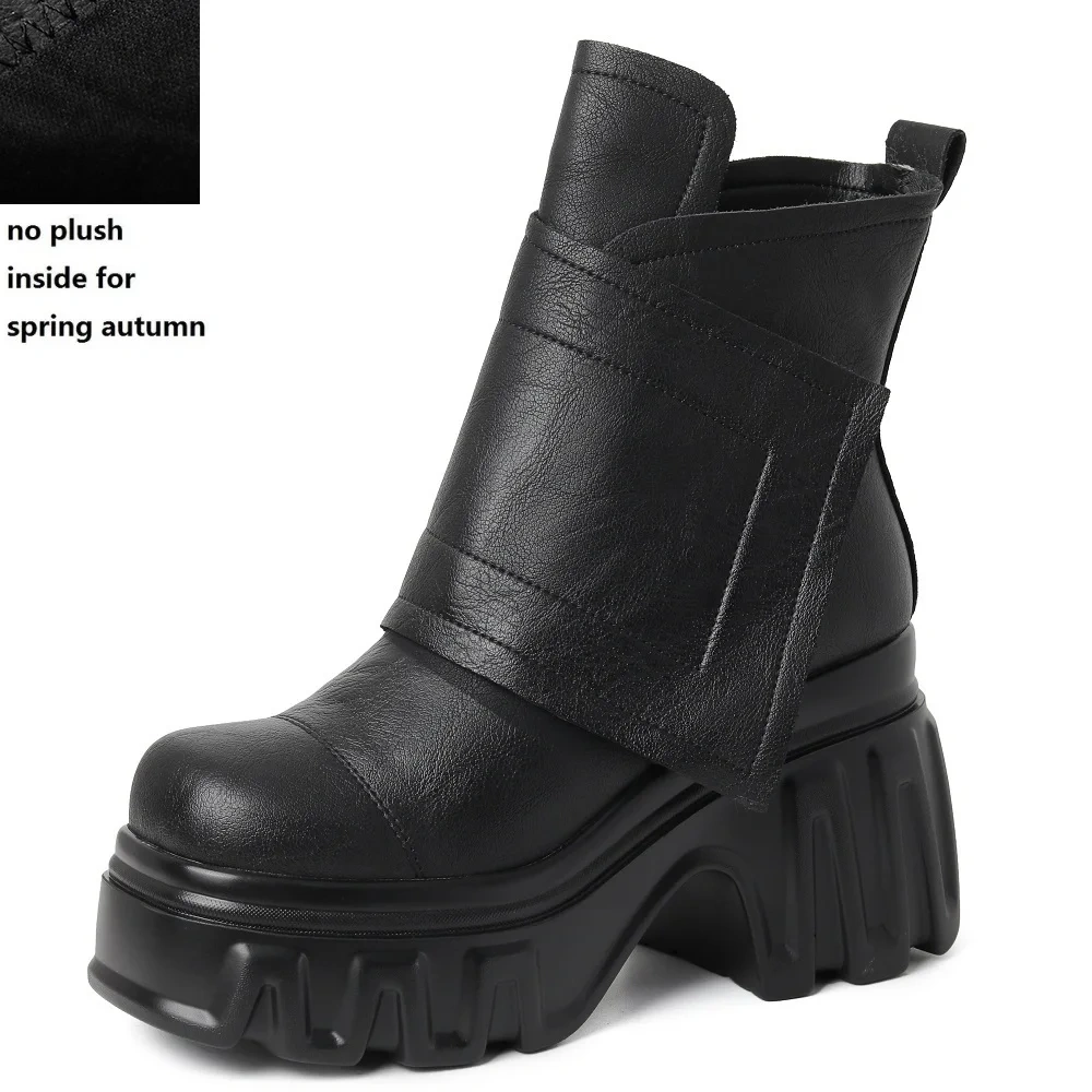 Spring Autumn New Slim 10CM Super High Heels Platform Square Toe Genuine Leather Women Ankle Short Modern Boots Winter Plush