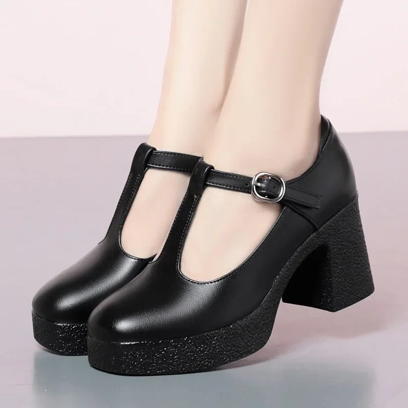 Spring Autumn New Retro Thick High Heels Chunky Sole Platform T-tied Shallow Genuine Leather Buckle Strap Women Pumps 41213