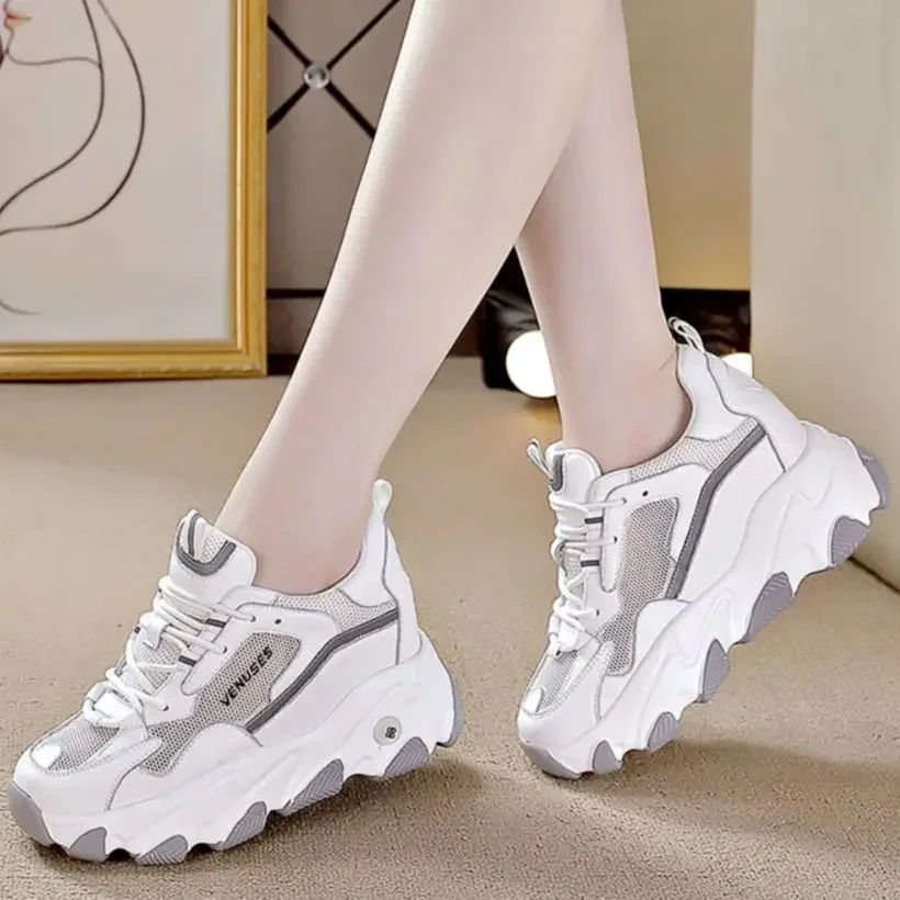 Spring Autumn Women Round Toe Chunky Bottom Height Increasing Elevator Sneakers Fashion Breathable Thick Warm Leisure Shoes 2303