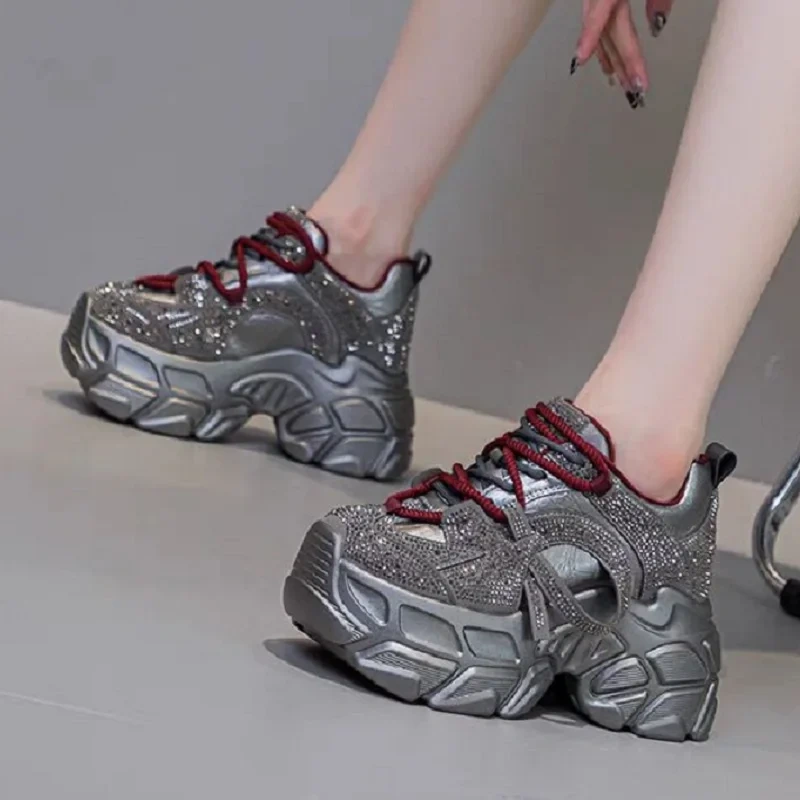 Spring Autumn New Korean Style Slim Height Increasing Platform Cross-tied Genuine Leather Women Casual Shoes Ladies Sneakers