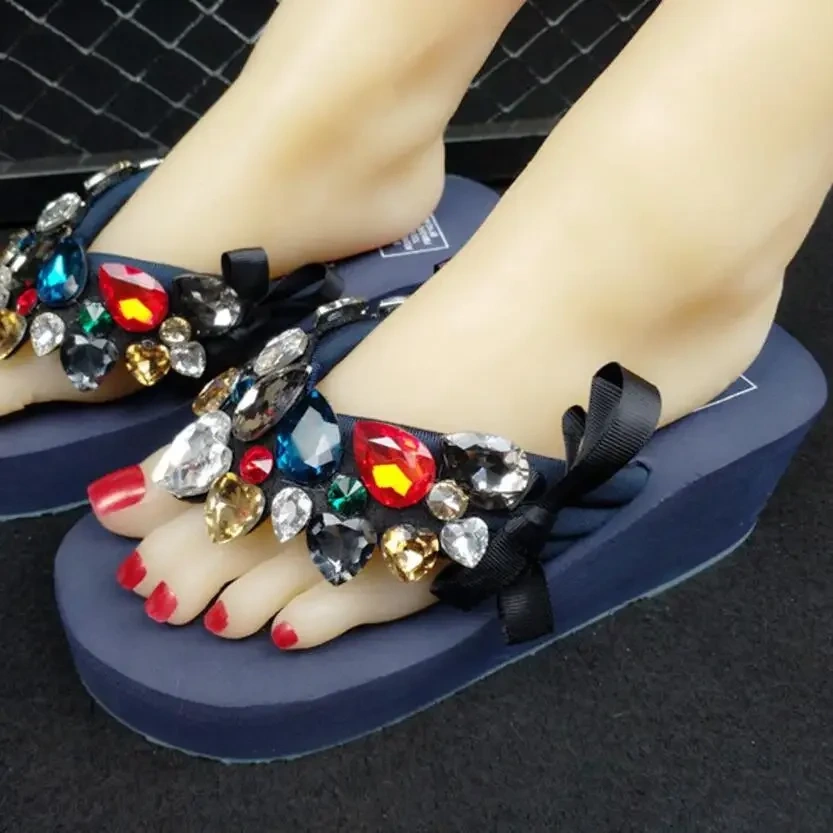 Summer New Fashion Wedges Clip Toe Cut-outs Bowknot Platform Crystal Rhinestone Plus Size 41 42 Mixed Colors Women Flip-flops