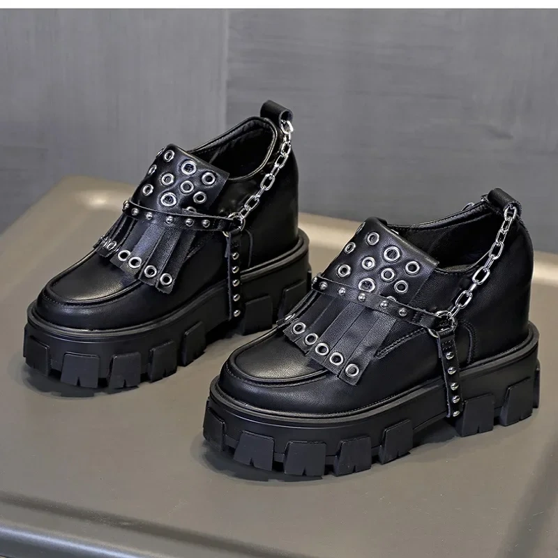 Spring Autumn New Punk Style Height Increasing Platform Metal Chain Fringe Genuine Leather Women Casual Shoes Sneakers 2410