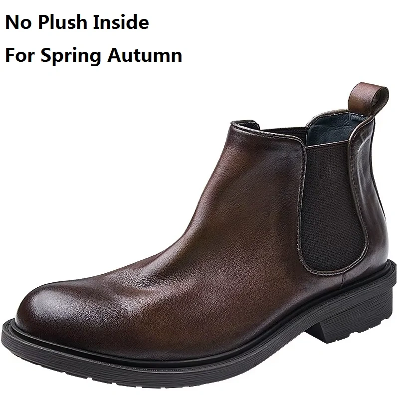 Spring Autumn New British Style Retro Thick Heels Sewing Slip-On Genuine Leather Men Ankle Short Chelsea Boots Winter Plush 2307