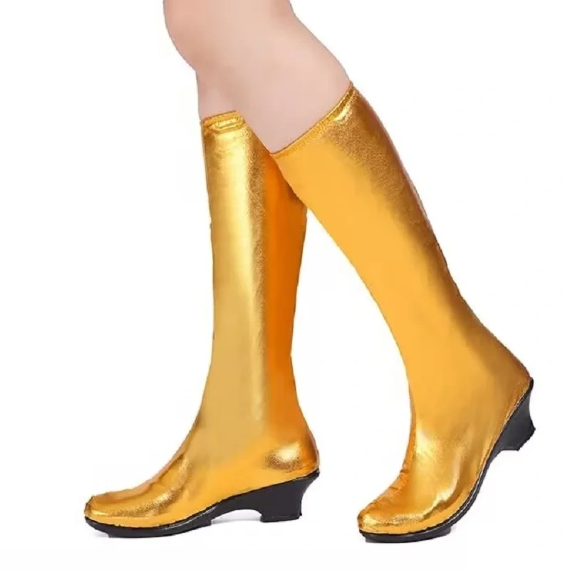 Women Popular Minority Dance Show Shoes Slip-On Cotton Fabric Vamp Mid-Calf Height Med Square Heels Performance Boots 0506