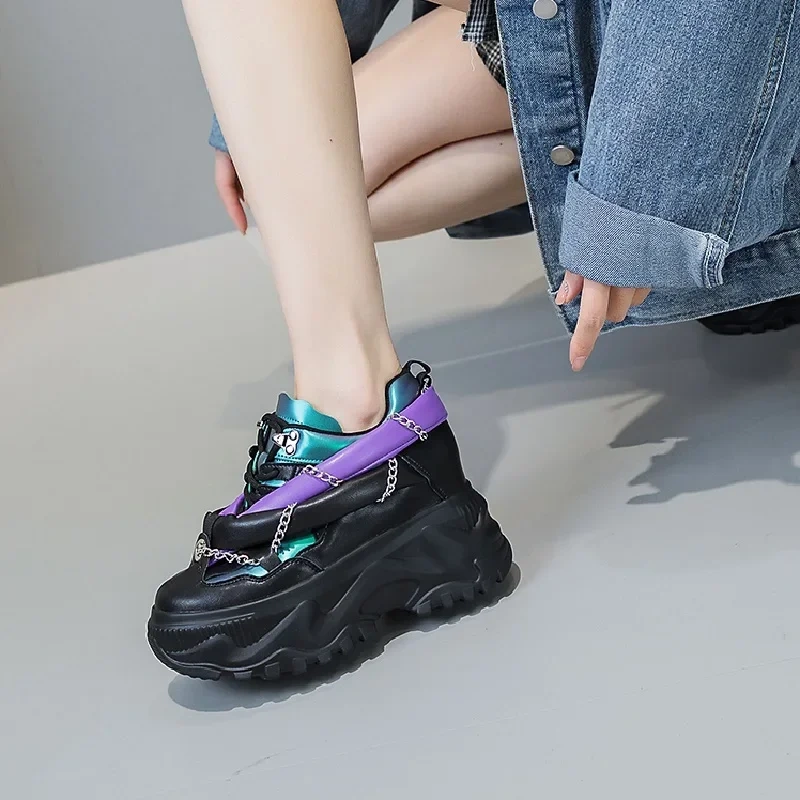 Women Spring Autumn New Slim Height Increasing Platform Wedges Metal Chain Narrow Band Lace-Up Genuine Leather Casual Shoes 412