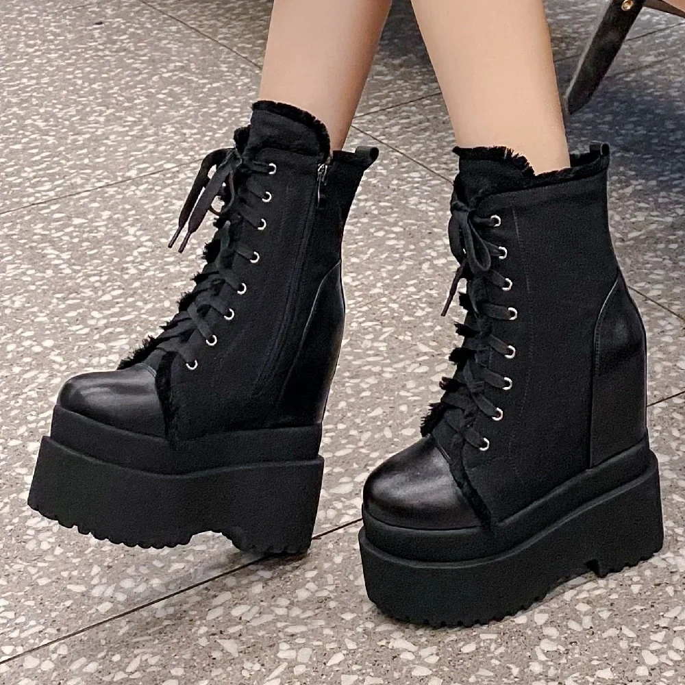 Spring Autumn Winter New Slim 14 CM High Heels Height Increasing Platform Wedges Cross-tied Denim Women Mid-Calf Modern Boots