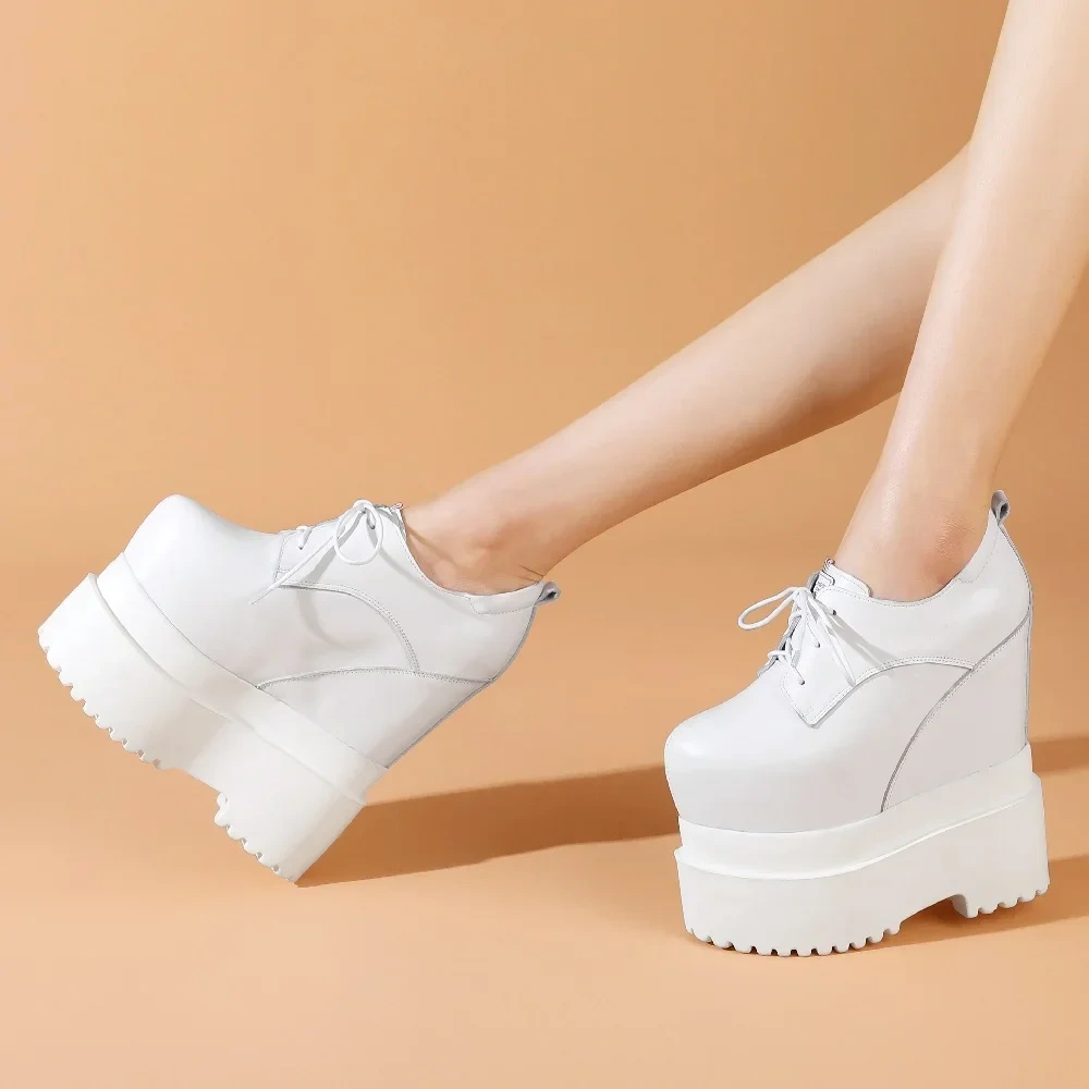 Spring Autumn New Slim 18 CM High Heels Height Increasing Platform White Lace-Up Genuine Leather Women Modern Pumps 2505
