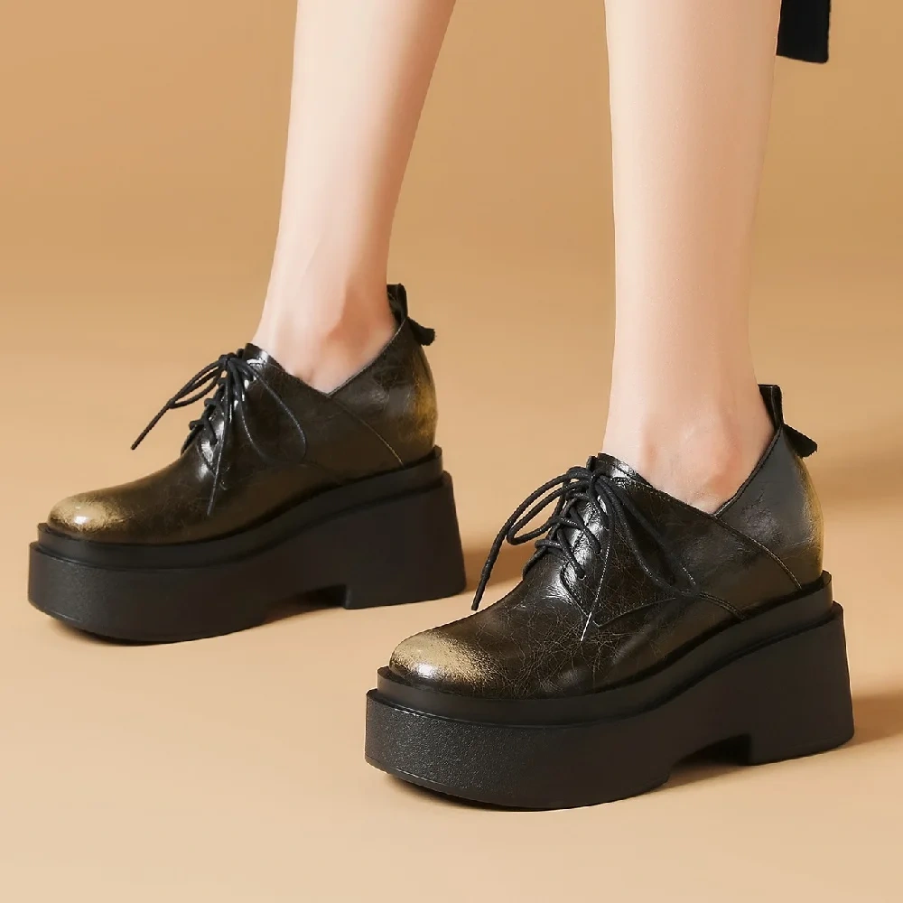 Spring Autumn New British Style Height Increasing Platform Cross-tied Mixed Colors Genuine Leather Women Business Pumps 2401