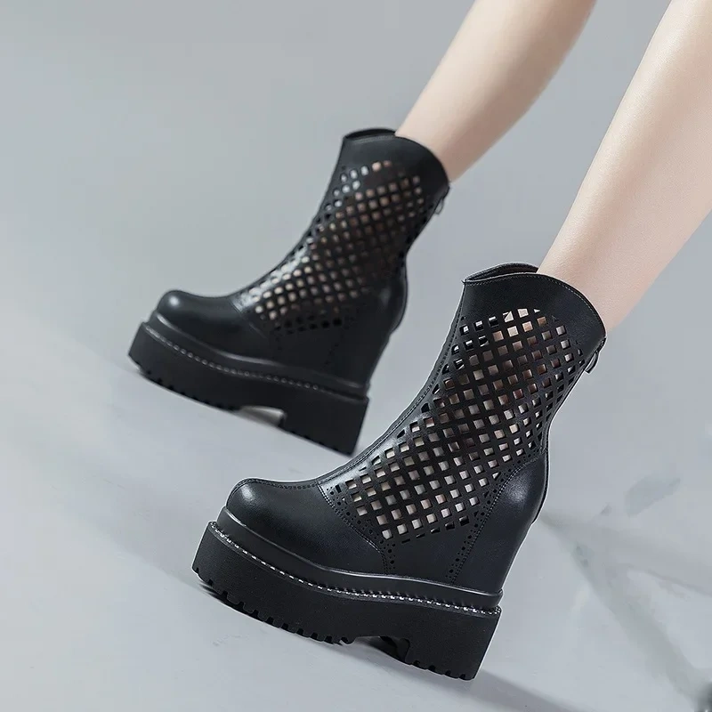 Summer New Slim Height Increasing Platform Wedges Cover Toe Hollow Genuine Leather Zipper Women Mid-Calf Modern Boots 2412