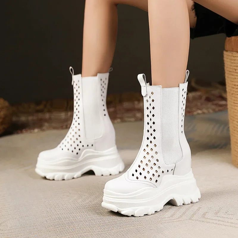 Summer New British Style Slim Height Increasing Platform Wedges Hollow Genuine Leather Slip-On Women Mid-Calf Chelsea Boots 412