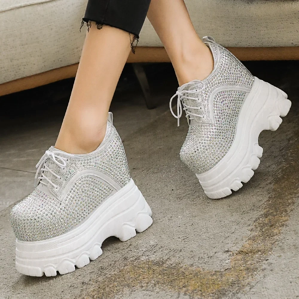 Spring Autumn New Fashion Slim Height Increasing Platform Wedges Cross-tied Crystal Bling Genuine Leather Women Modern Pumps