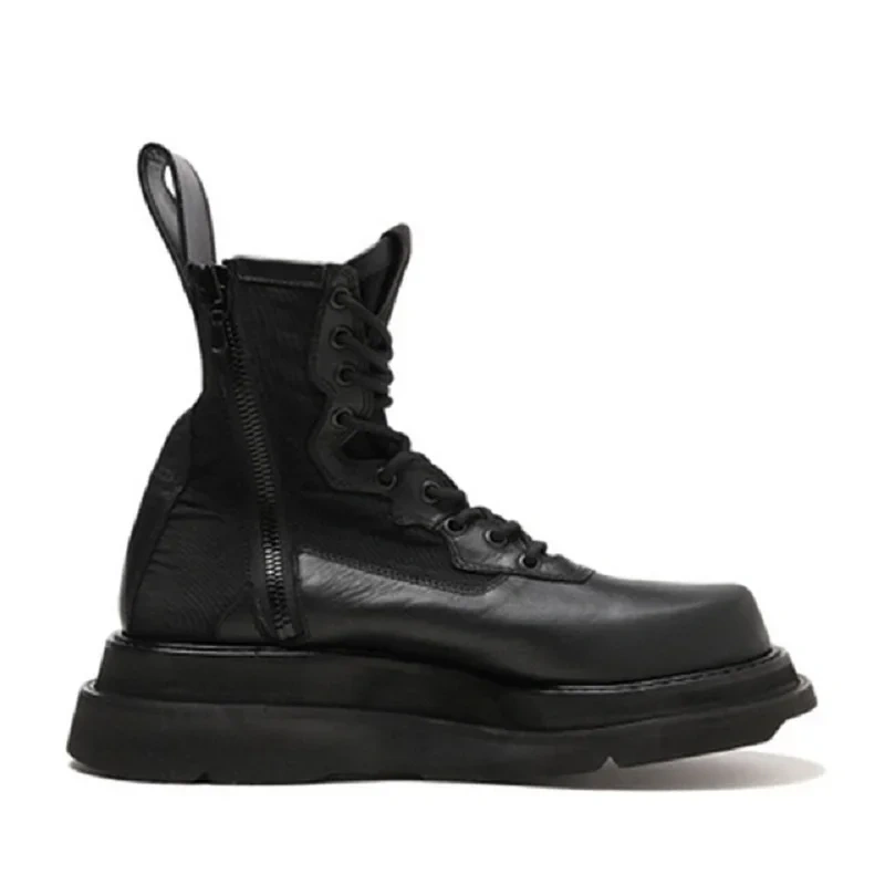 Spring Autumn Retro Chunky Sole Platform Cross-tied Genuine Leather Zipper Men High Top Motorcycle Boots Winter Plush 2412