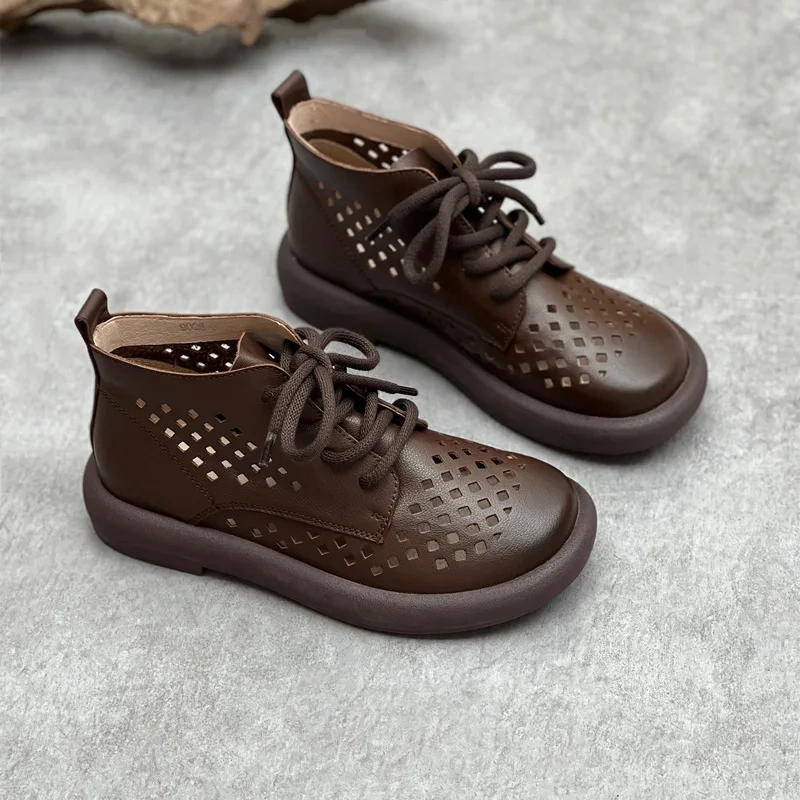 Summer New Arrival Fashion Chunky Bottom Hollow Cut Out Sewing Cross-tied Genuine Leather Women Ankle Short Modern Boots 2304