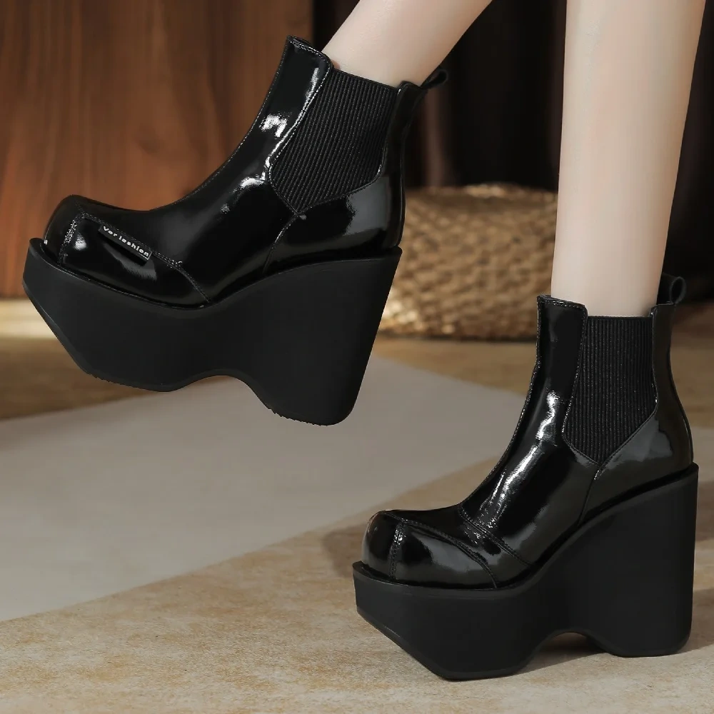 Spring Autumn Winter New British Style Slim 12CM High Heels Wedges Platform Slip-On Cow Leather Women Ankle Short Chelsea Boots