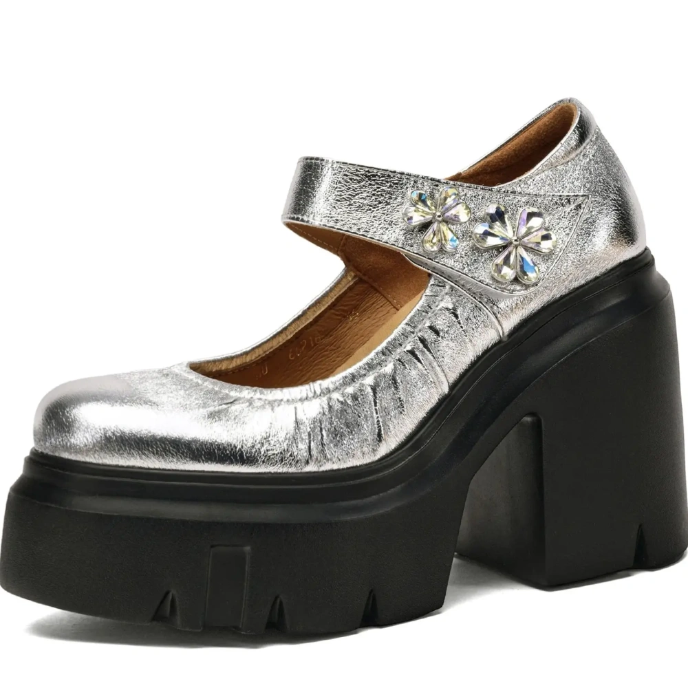Ladies New Spring Summer 12 CM Chunky Heel Platform Crystal Flower Shoes Pleated Shallow Mouth Genuine Leather Sandals 50220