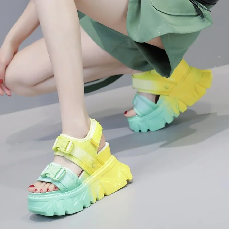 Summer New Korean Style Slim Height Increasing Wedges Peep Toe Platform Cutout Mixed Colors Buckles Belt Women Gladiator Sandals