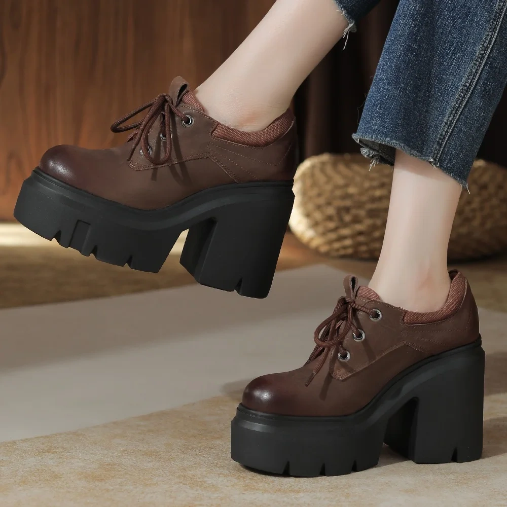 Spring Autumn New British Retro Style 12 CM Super High Heels Platform Sewing Lace-Up Genuine Leather Lace-Up Women Modern Pumps