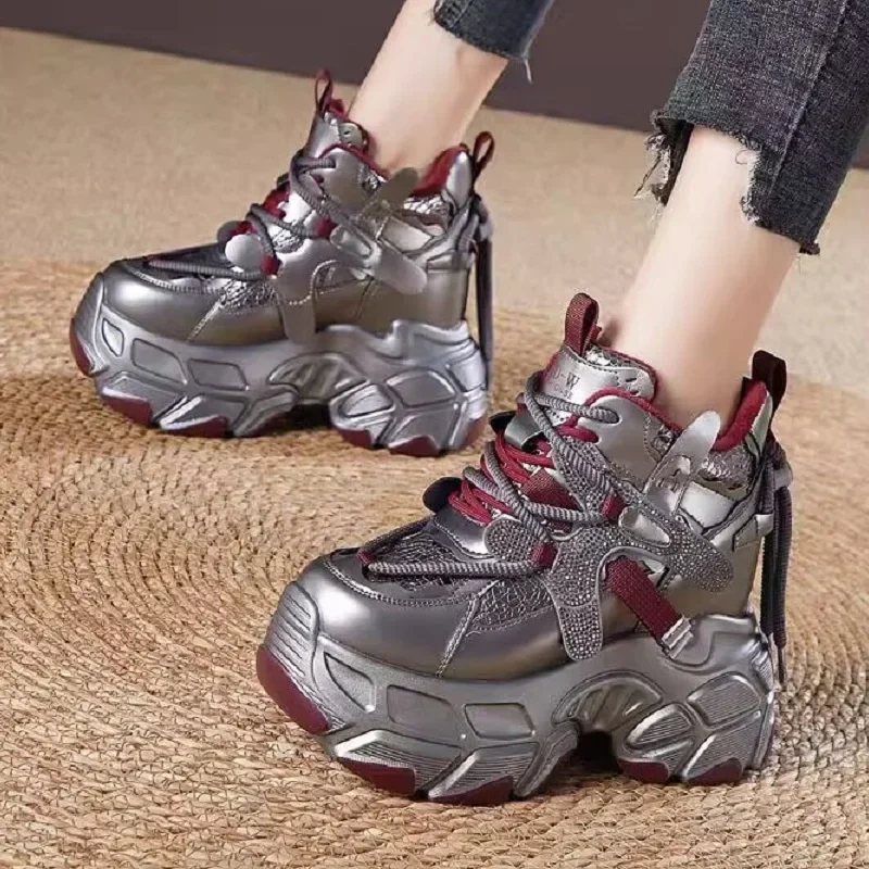 Winter New Leisure Height Internal Platform Crystal Bling Plush Inside Lace-Up Genuine Leather Women Casual Shoes Sneakers 2411