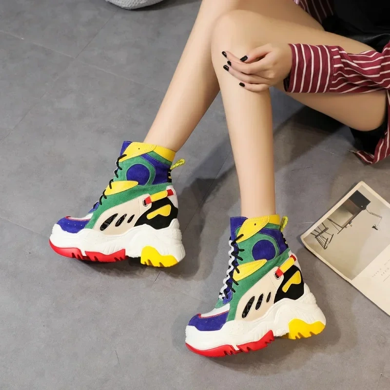 Spring Autumn New Korean Style Slim Height Increasing Platform Mixed Colors Lace-Up Genuine Leather Women Mid-Calf Modern Boots