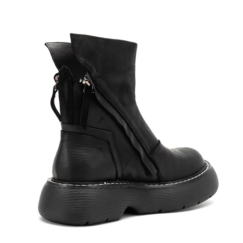 Spring Autumn British Style Chunky Bottom Platform Sewing Genuine Leather Men Mid-Calf Work Safety Boots Winter Plush Inside