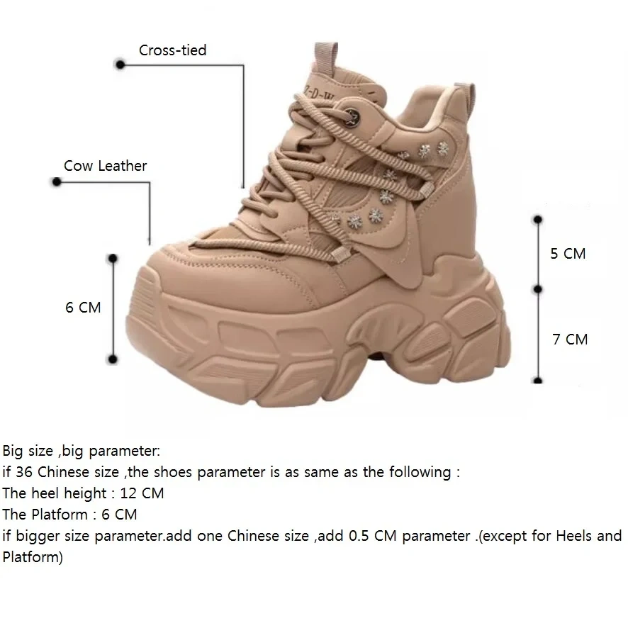 Spring Autumn New Slim Height Increasing Platform Crystal Genuine Leather Lace-Up Women High Top Casual Shoes Sneakers 2411
