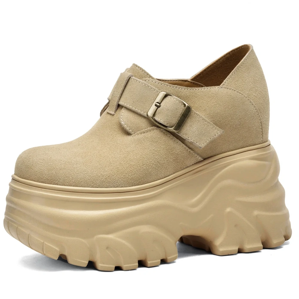 Women 12 CM Wdege Heel Genuine Nubuck Leather Shoes Metal Buckles Retro Platform Spring Autumn New Loafers Shoes 50221