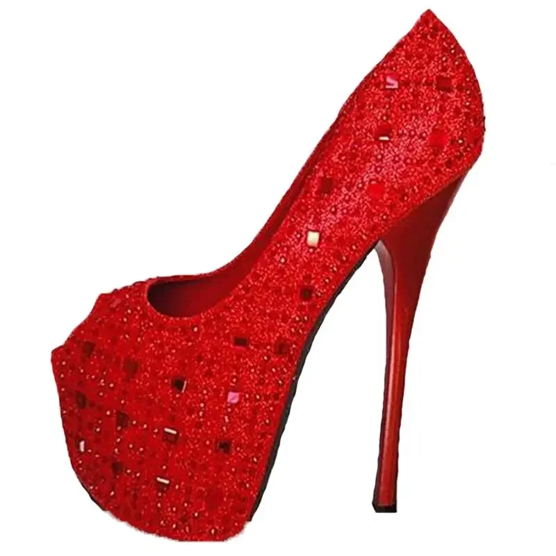 Women Summer Sexy Thin High Heels Shoes Open The Toe Ankle-warp Rhinestone Sandals Platform Pure Color High Heels Shoes